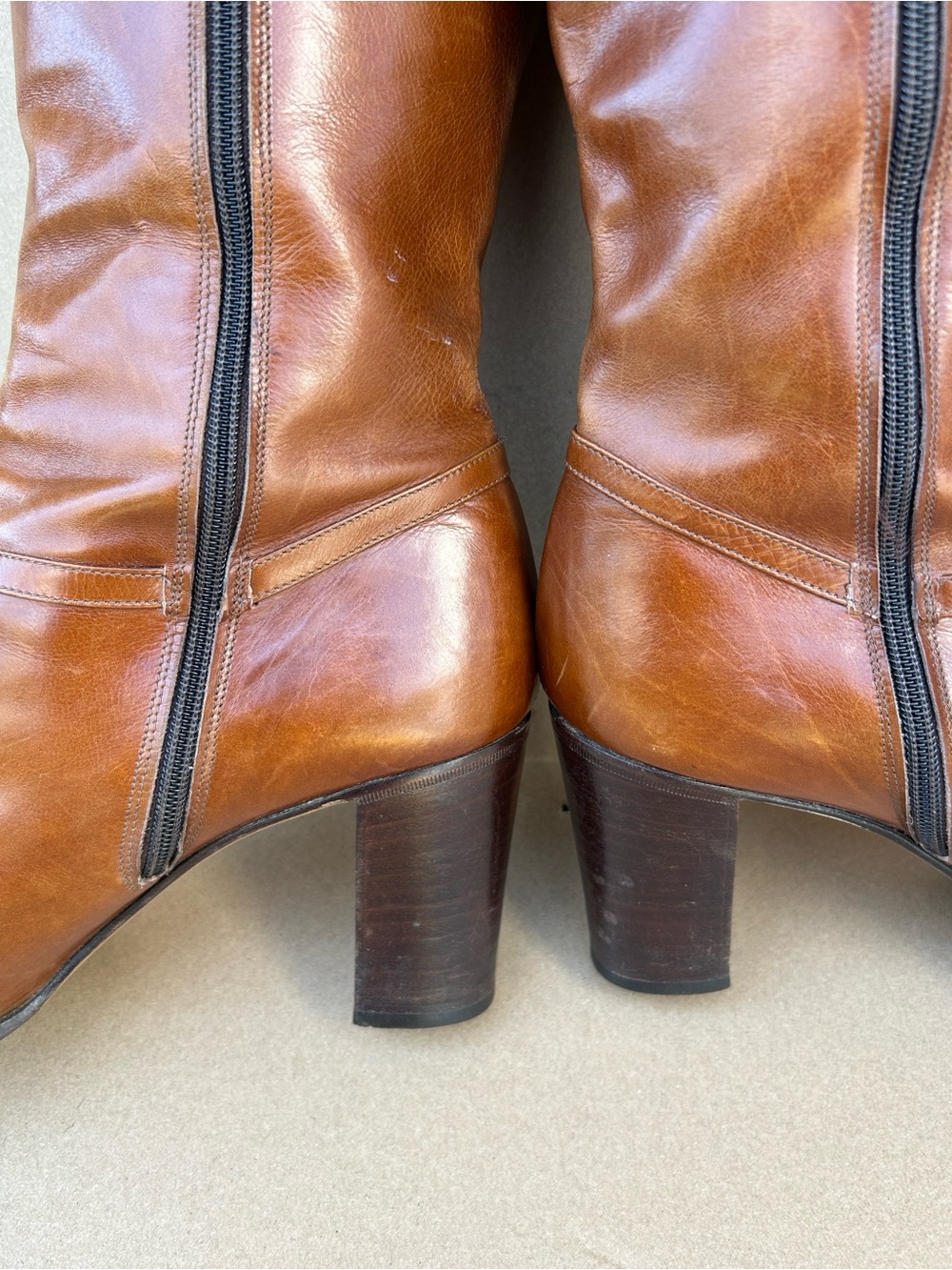 Vintage Ferragamo Leather Heeled Boots 10M Mid Calf Zip Up Classic Gold Upcycled - Picture 9 of 14